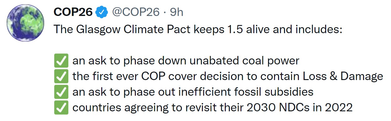 COP26 tweet re Glasgow Climate Pact agreement 16-11-2021